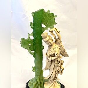 Resin Jade & Ivory-like Geisha Statue with Tree, On Base, Vintage EUC